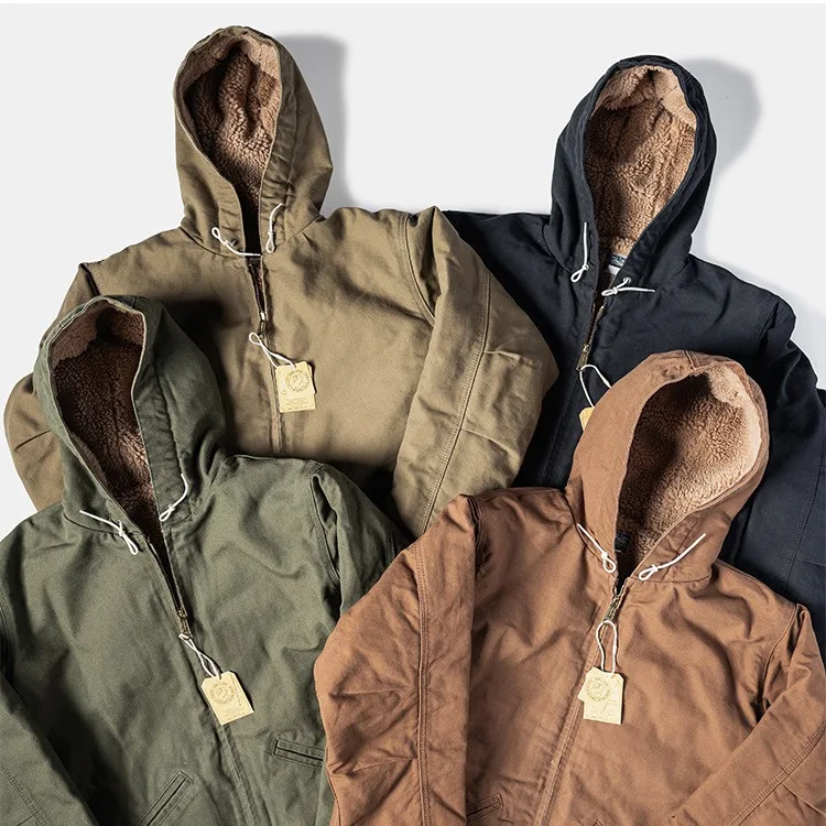 

Japanese Outdoor Vintage Couple Hooded Cotton Jacket with Lamb Wool Windproof and Warm Canvas Parkas Coat