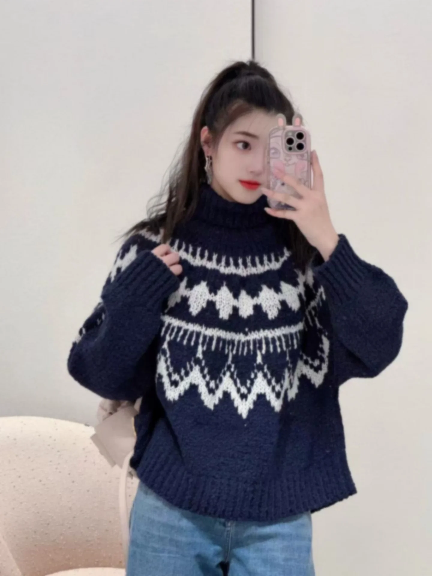 European Sle High Collar Blue White Wool Knitted Sweater Loose Long Sve Overhead Warm Faionable ex Knitwear