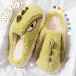 Chinelos de dinossauro masculinos para adultos, corrediças de pele quente, chinelos de dino verde, sapatos felpudos, chinelos de animais, inverno