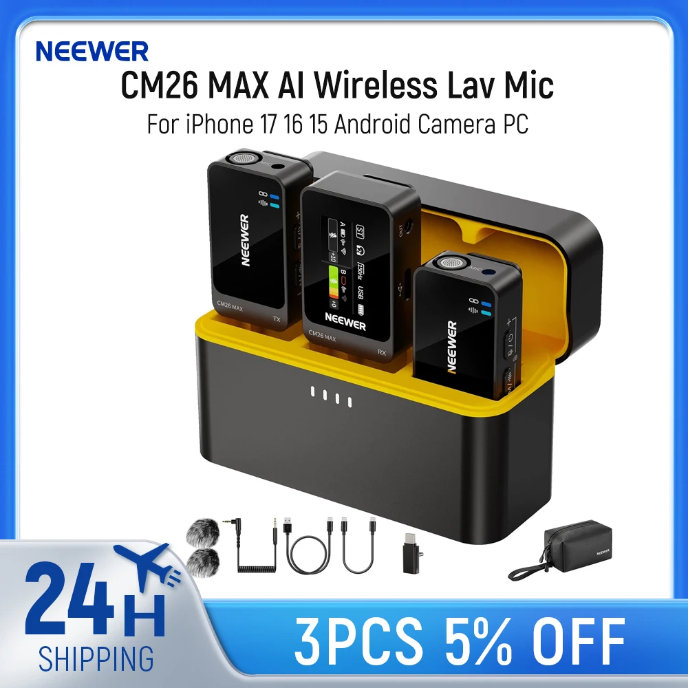 NEEWER CM26 MAX AI Wireless Lav Mic Compatible with iPhone 17 16 15 Android Camera PC, USB C Plug & Play App Control