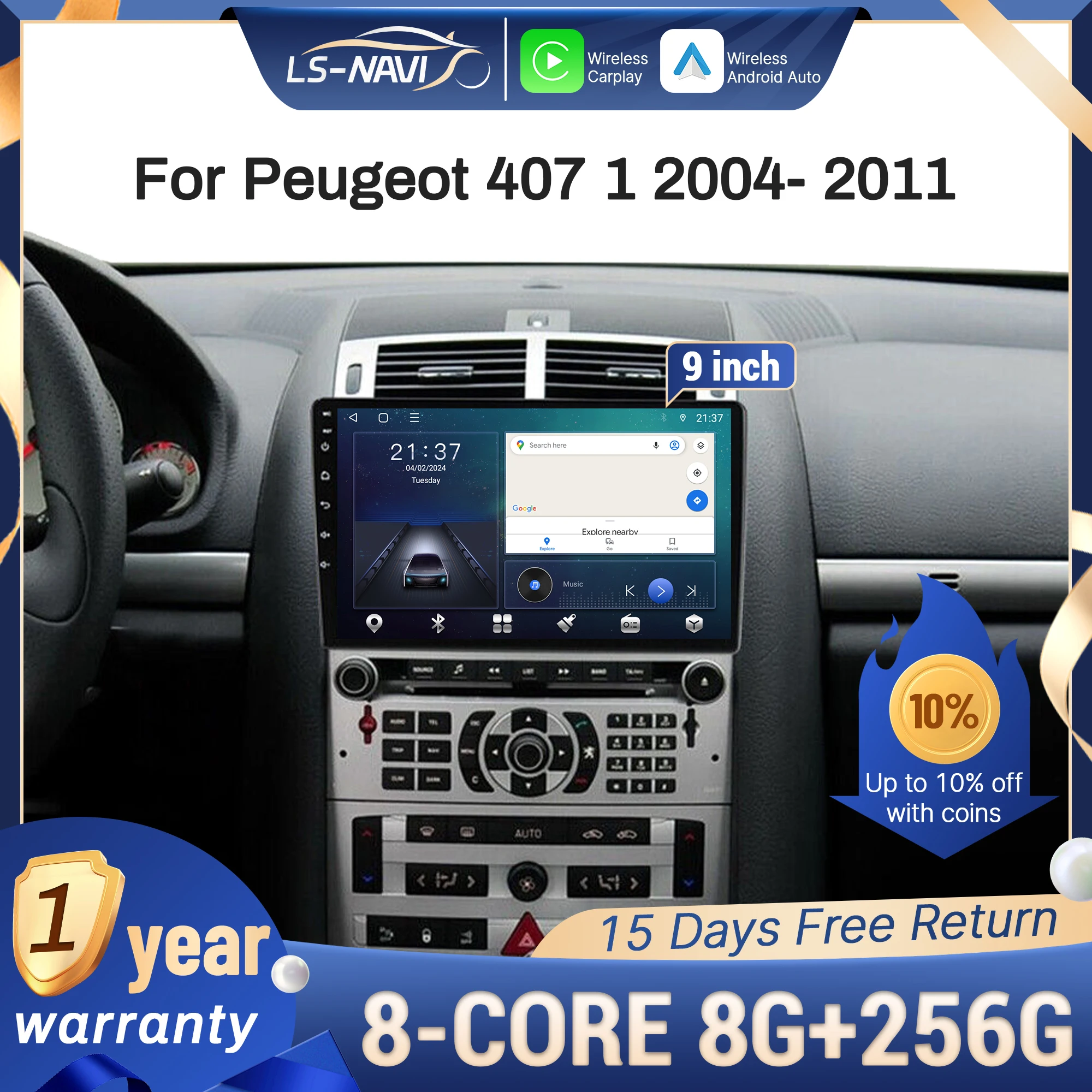 لبيجو 407 1 2004-2011 راديو السيارة الوسائط المتعددة الملاحة لتحديد المواقع اللاسلكية CarPlay 4G رئيس وحدة ستيريو شاشة تعمل باللمس #1