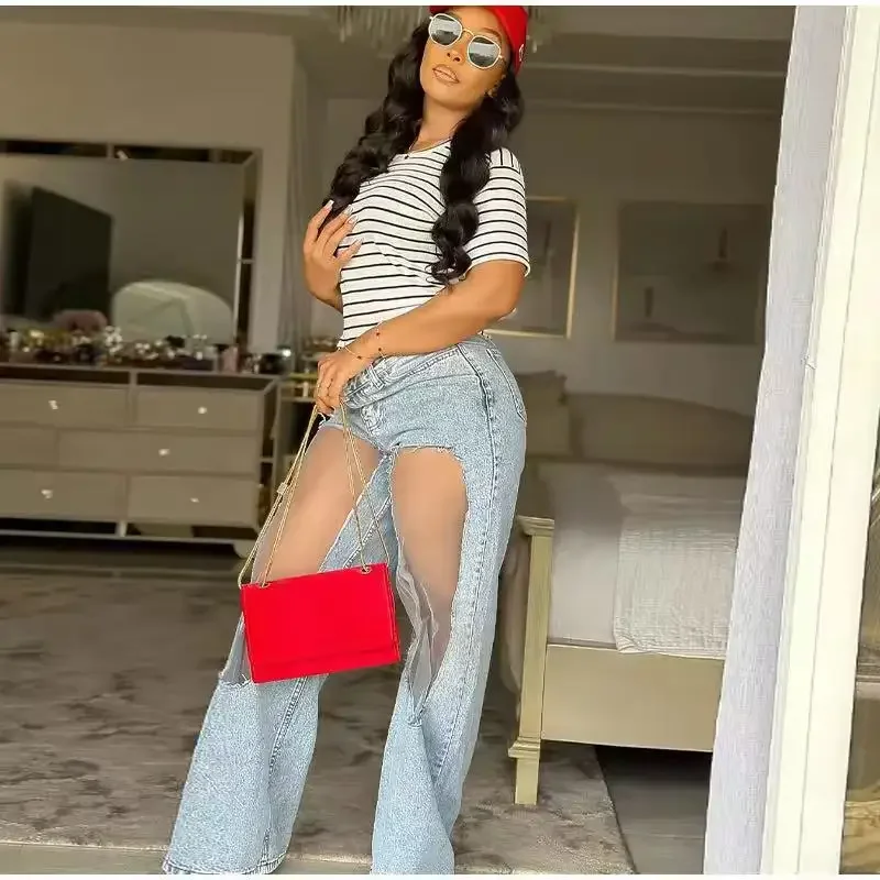 

Women Designer Sheer Mesh Patchwork Denim Straight Pants Fashion Button Fly High Waist Casual Streetwear Jeans Trousers