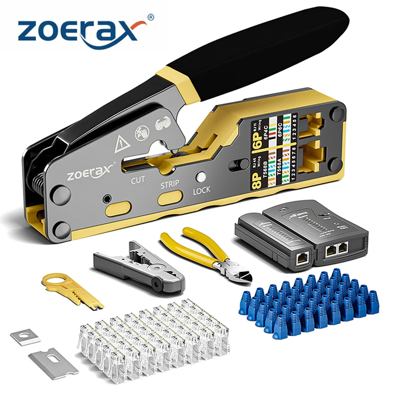 ZoeRax 8-in-1-RJ45-Crimpwerkzeug-Set, Crimpwerkzeug, Kabeltester, Drahtschneider, Klingen, 50 Stück Cat 6 Anschlüsse und Zugentlastungsmanschetten