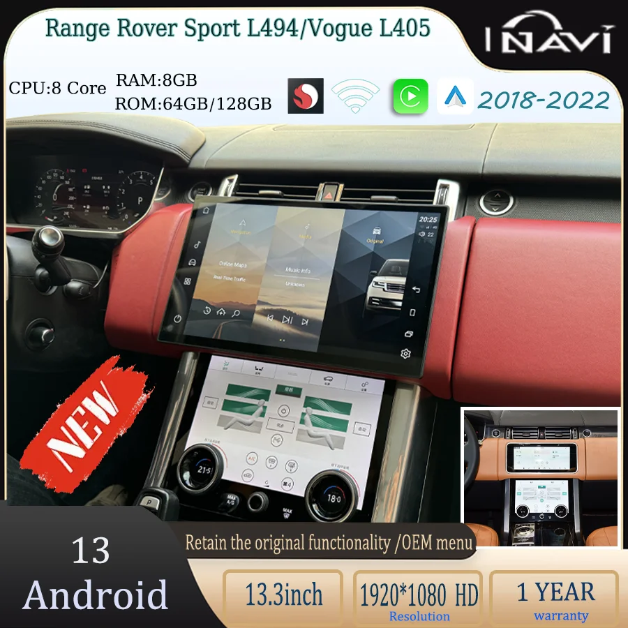 

13.3-inch multimedia player radio Carplay Android 13 works with the Range Rover Sport L494/Vogue L405