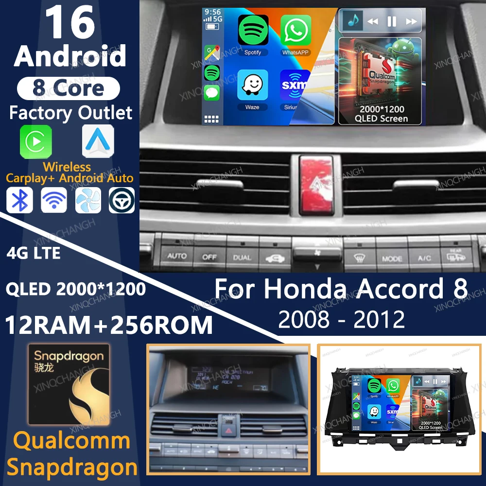 Radio para Auto Android 16 para Honda Accord 8 Crosstour 2008-2012, QLED, GPS, Qualcomm, 4G LTE, 5G WIFI, Reproductor Multimedia de Video, Unidad Principal