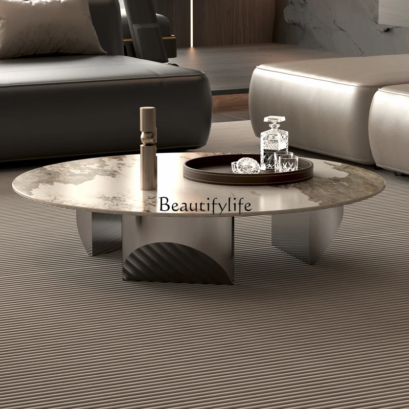 Modern simple rock slab coffee table small apartment light luxury stainless steel round coffee table