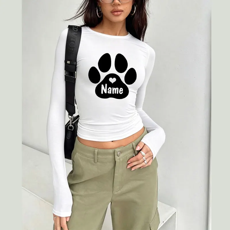 Personalised Paw Print with Name Spring Autumn Women T-Shirt Causal Long Sleeve Crop Tops O Neck Pullovers Tees Slim Fit T Shirt
