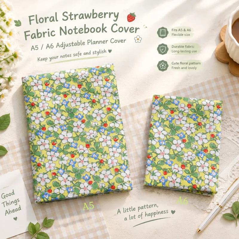 A5 A6 Journal Notebook Cover Protector Fresh Floral Strawberry Fabric Book Case Adjustable Artistic Flower Print Cloth Cover