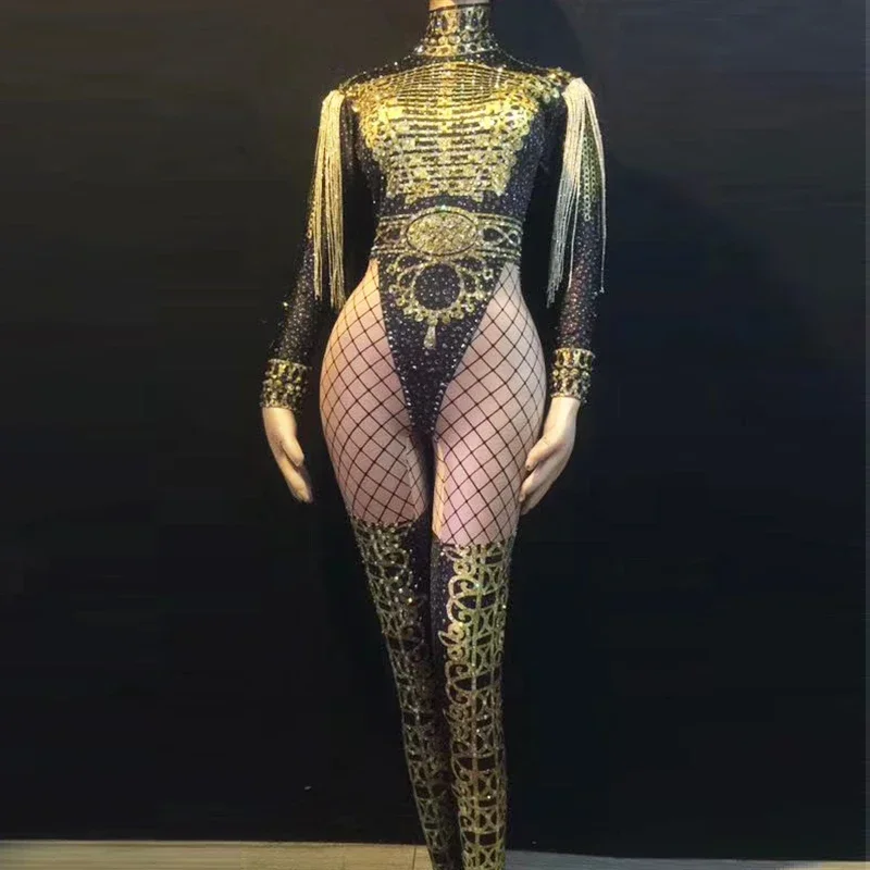 

Gold Fringes Epaulet Rhinestones Jumpsuit Women Jazz Dance Stretch Bodysuit Outfit Evening Show One piece Sexy Costume club Wear