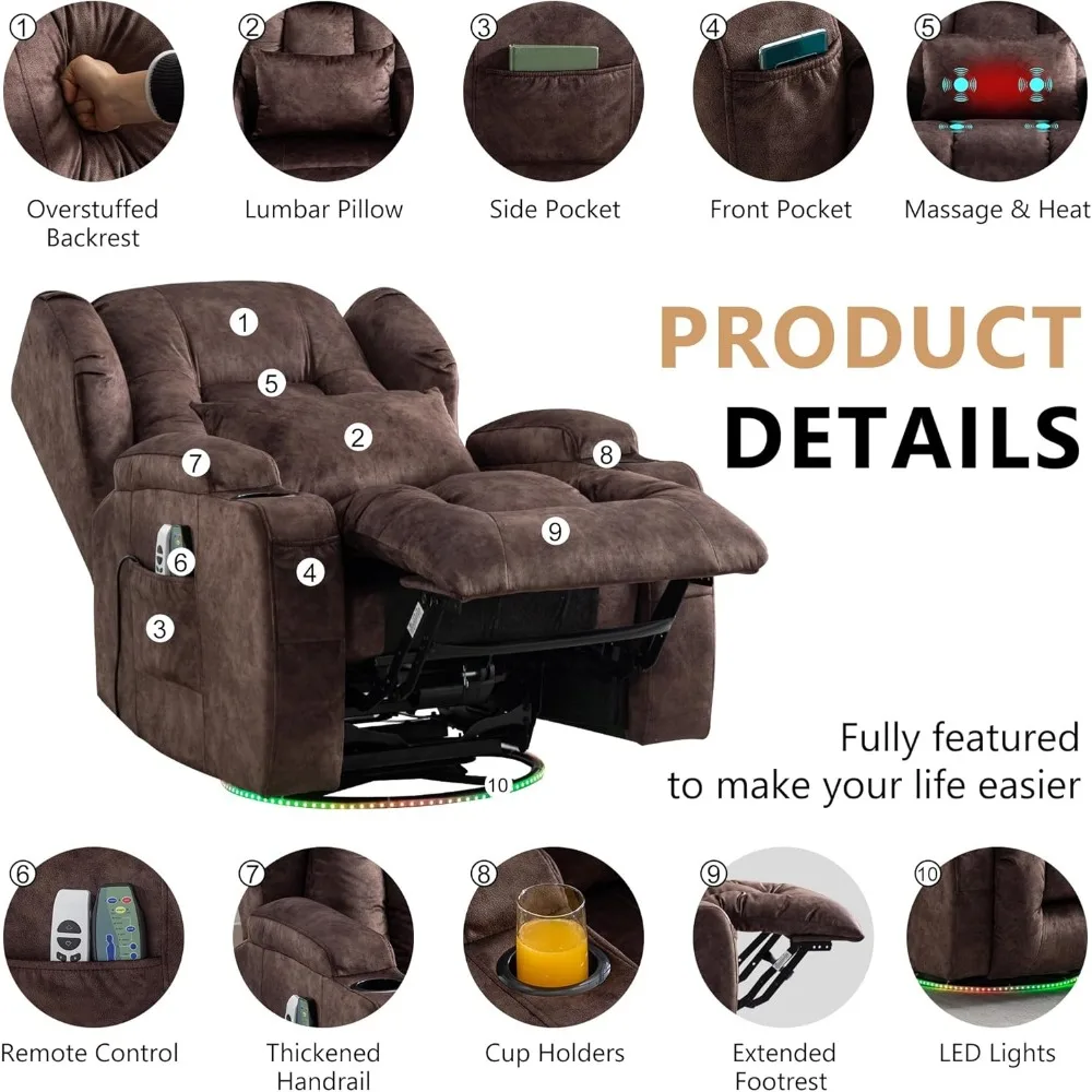 Sofá reclinável elétrico Massive Comfort com design de massagem, calor e parede para adultos – assento grande estilo teatro