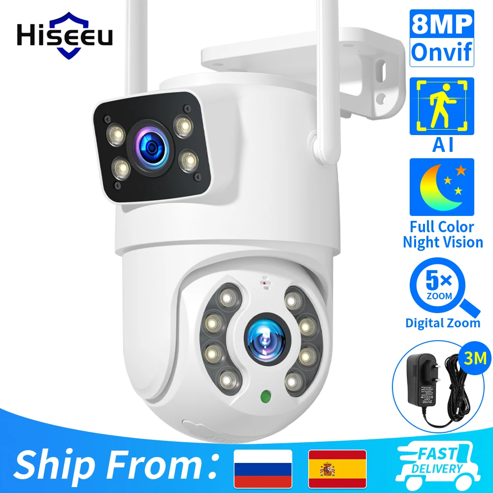 Hiseeu 4K 8MP Wifi Surveillance Camera Dual Lens 4X Digital Zoom AI Human Detect ONVIF Wireless Outdoor Security PTZ IP Cameras
