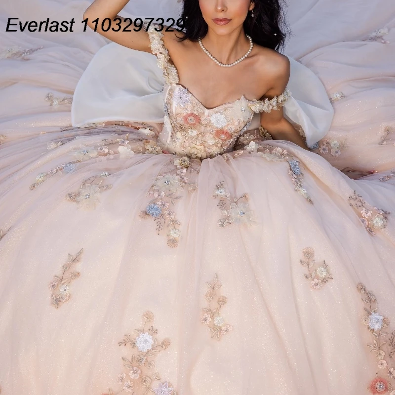 EVLAST-Vestido De quinceañera champán ligero, 3D Vestido De baile, apliques De encaje Floral, corsé con cuentas, dulce 16, 15 años, TQD369