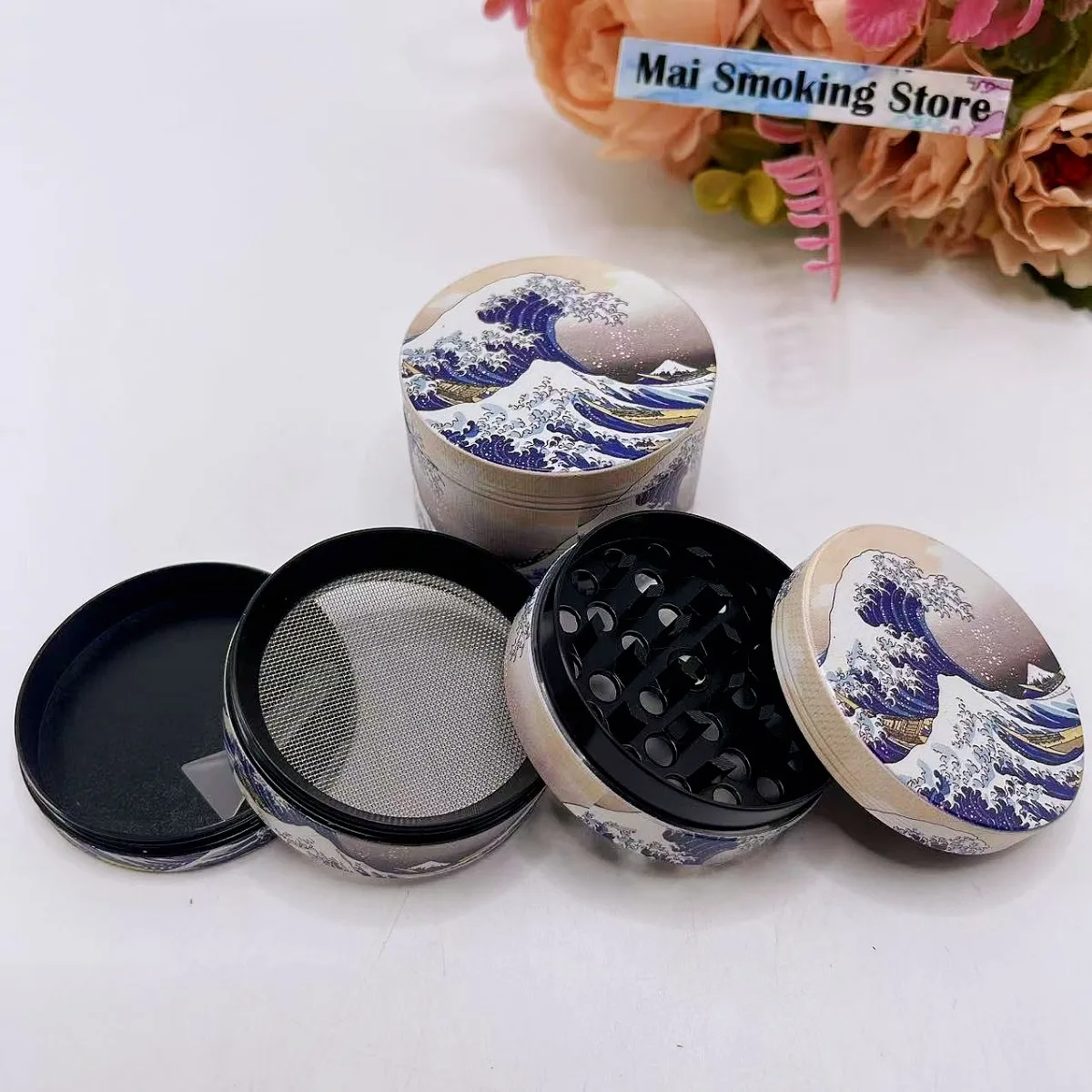 Molinillo de hierbas ondulado de 1,6/2 pulgadas, molinillo Manual de 4 capas para sal, especias, mortero de pimienta, molinillo crudo de hierba de tabaco Kanagawa, accesorios para fumar