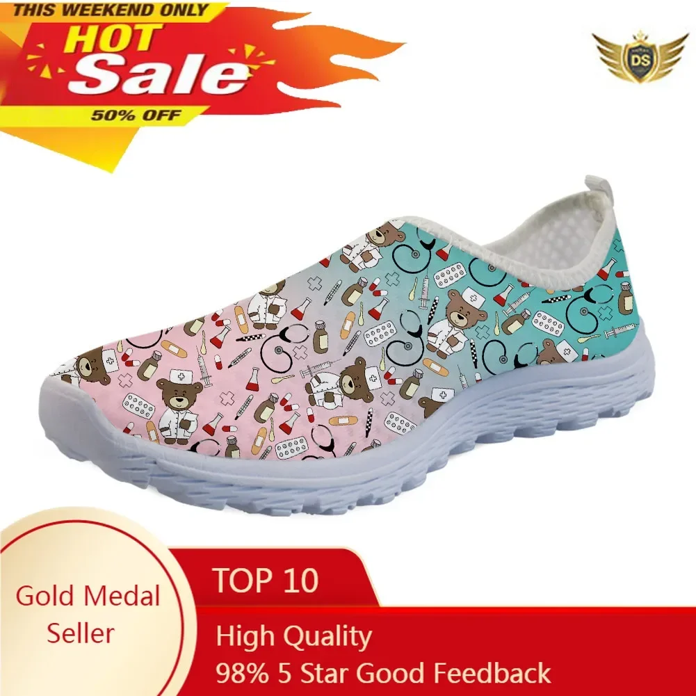 

Women's Flats Nursing Shoes Cartoon Gradient Nurses Bear Print Mesh Breath Loafers Summer Beach Cute Female Footwear