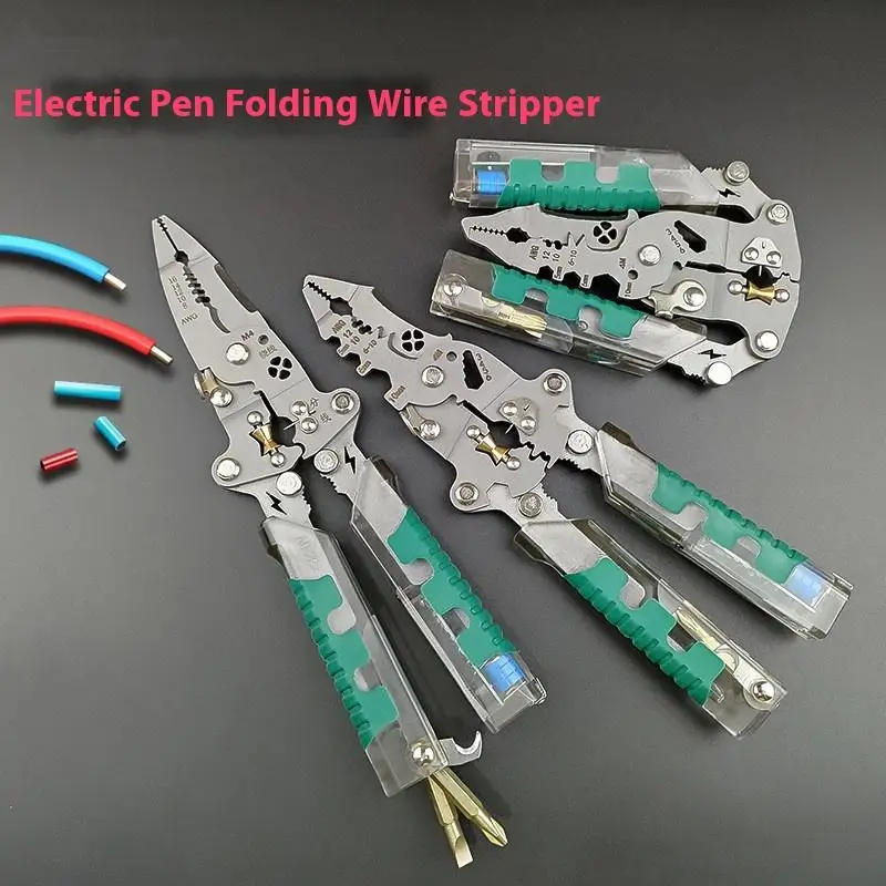 Multifunctional Wire Stripper With Electrical Test Pen Foldable Cable Cutter Crimper Tool, Electrical Folding Pliers For Cutting