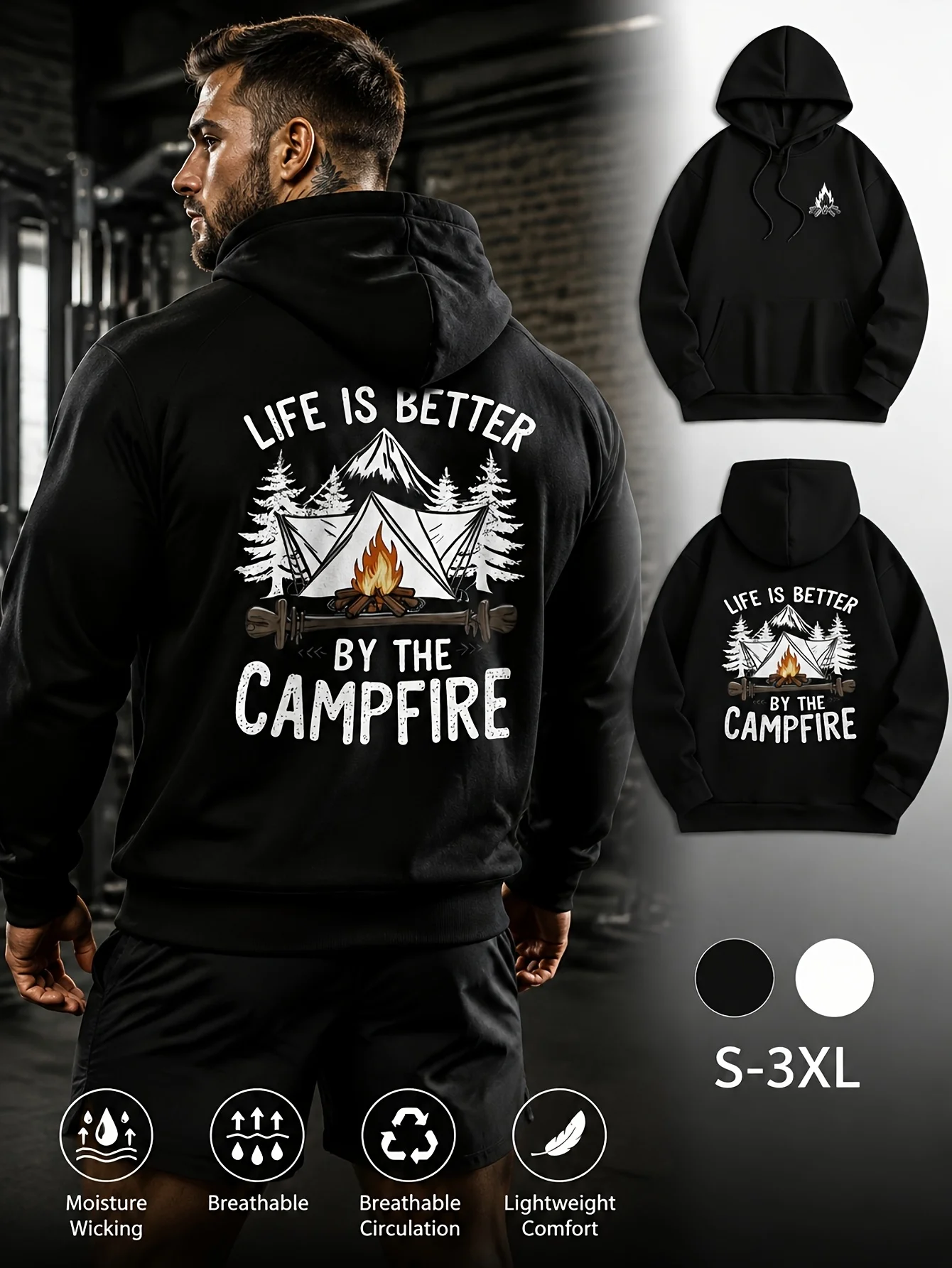 Outdoor camping themed hooded sweatshirt, forest tent bonfire print with inspirational slogan print, unisex sweatshirt