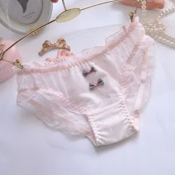 Women Mesh Sexy Transparent Cute Lovely Sweety Princess Style Lolita Bow Ruffles Panties High Elasticity Underwear Briefs