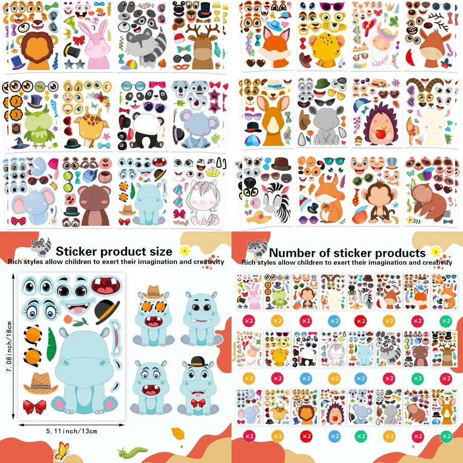 

48 PCS Make a Face Stickers Sheets for Creative Animal Mix and Match Stickers for Birthday Party Favors Fun Teacher Reward Supp