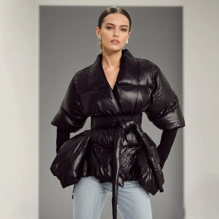 

Autumn Women's Fashion Casual Slim-Fit Waist-Tie Cotton Jacket Mid-Length Coat Black