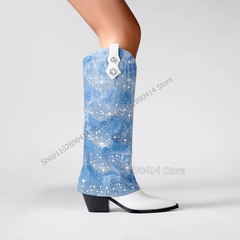 Blue Denim Turned Over Rhinestone Decor Pointed Toe Boots Slip On Women Shoes Chunky Heels Novel Runway 2023 Zapatos Para Mujere