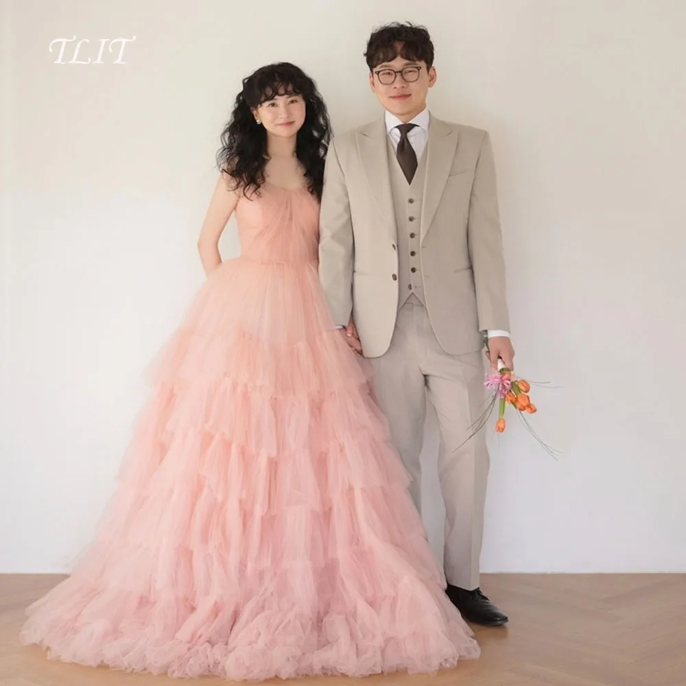 

TLIT Fairy Светло-розовое шелковое тюлевое многоярусное вечернее платье Корейское свадебное платье Фотосессия с открытыми плечами Пром платья по индивидуальному заказу