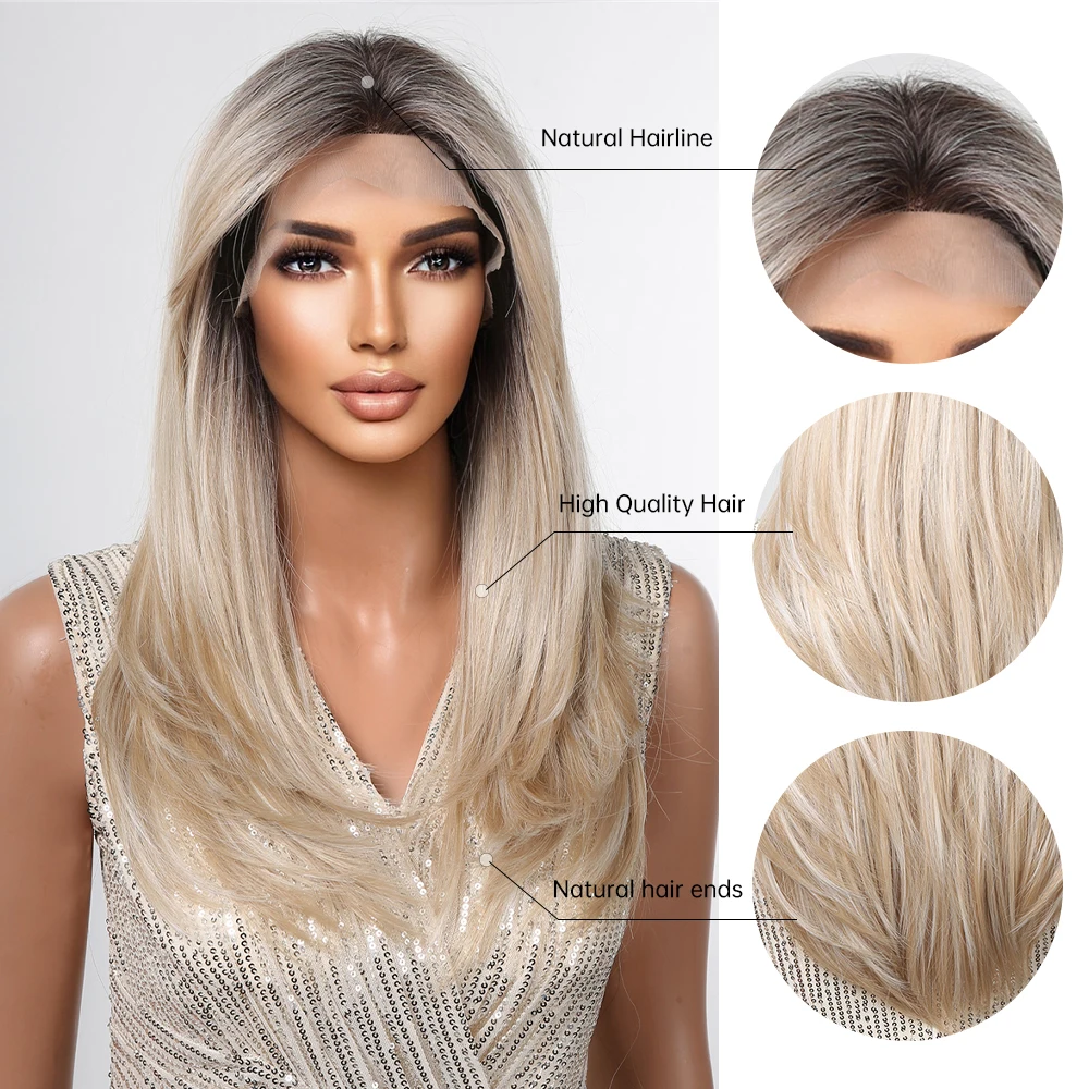 HAIRCUBE Brown Blonde Ombre Lace Front Perucas sintéticas para as Mulheres Long Straight Dark Roots Cabelo com Bangs Layered Perucas Naturais