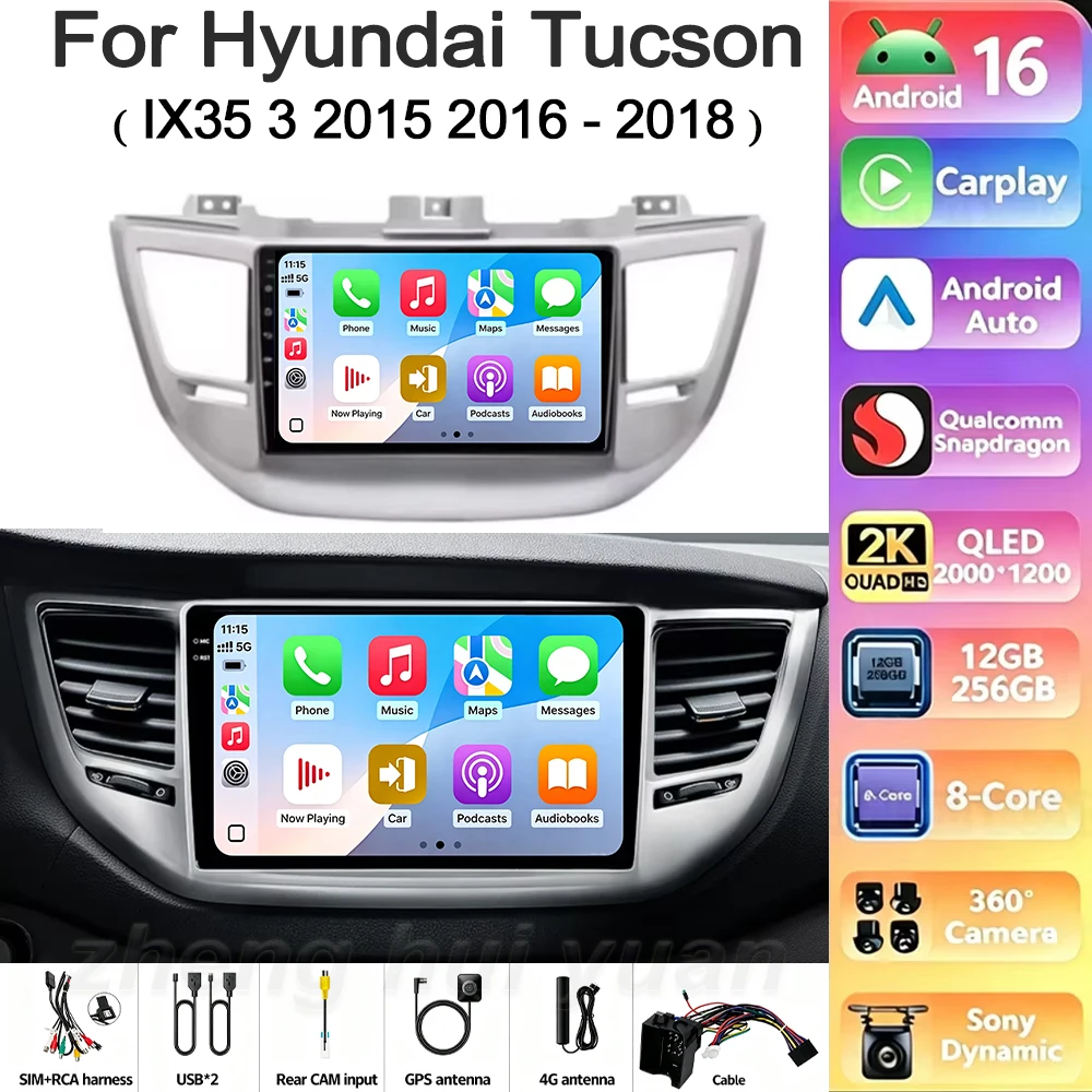 Android 16 Carplay Android Auto For Hyundai Tucson IX35 3 2015 2016 - 2018 Car Multimedia Radio Video Player 4G WIFI GPS Screen
