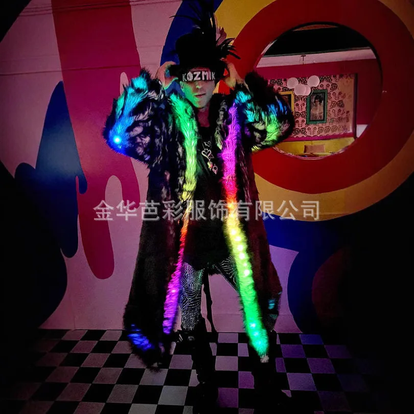 Men Faux Fur Jacket Cosplay Coat Winter Warm Thick Hooded LED Party Outerwear Turn Down Collar 2025 Overcoat Spliced Casual