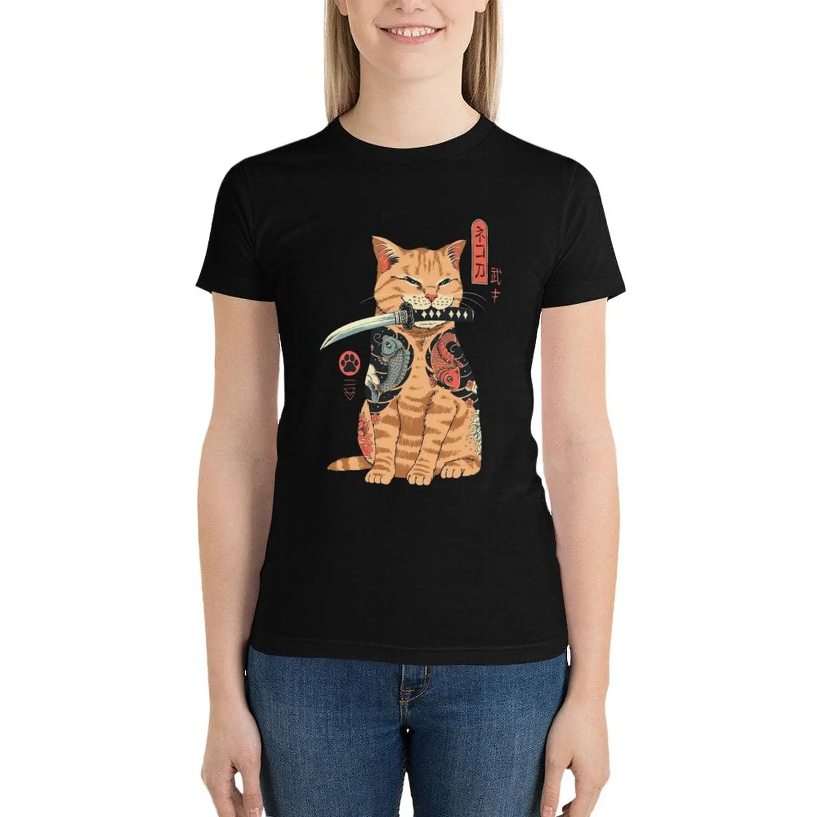 

Japan cat -samurai art T-Shirt cute tops funny spring clothes Women 2024