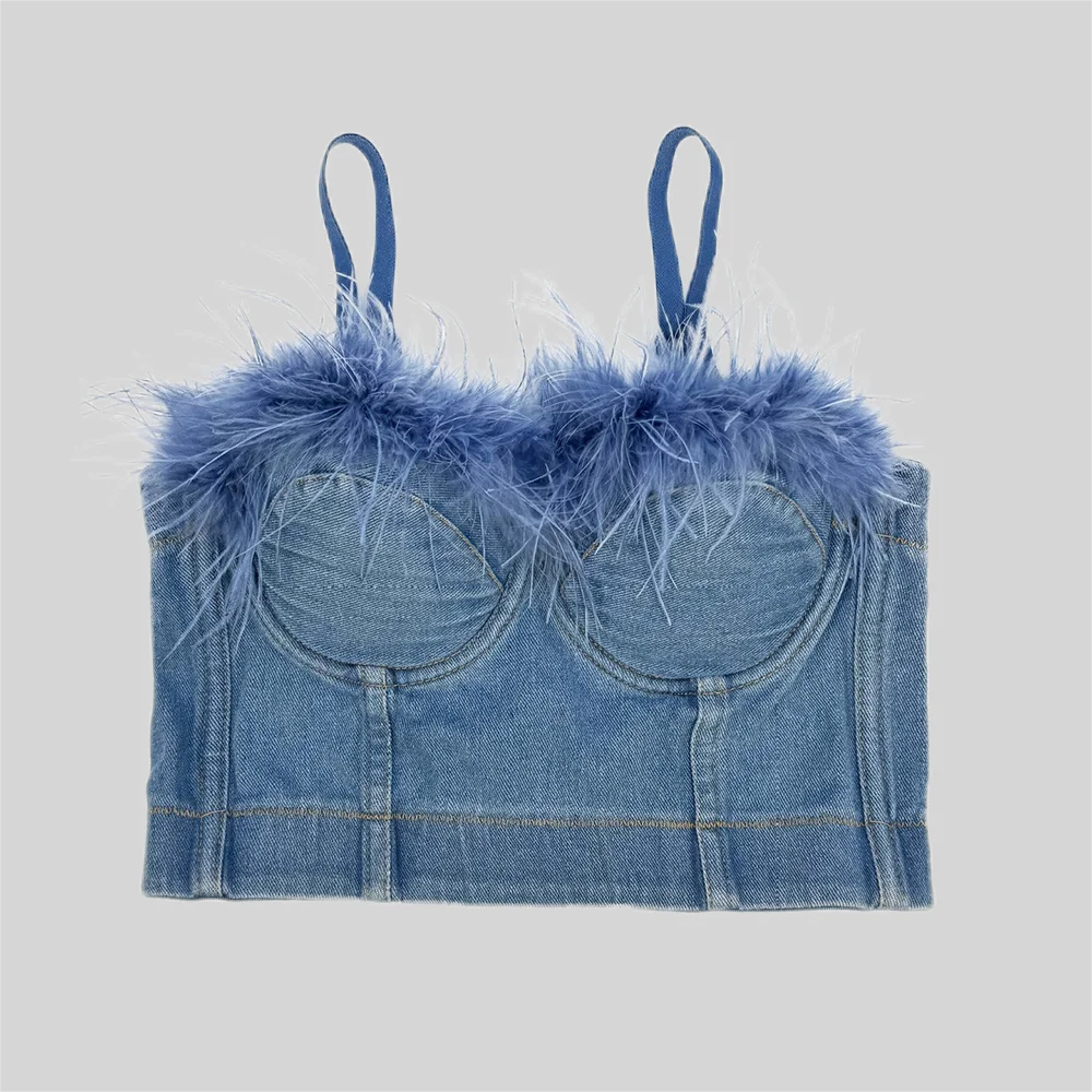 IRENE TINNIE Sexy Denim and Feather Bustier Tank with Push-up Bra Fishbone Camisole Underwire Corset Crop Top Women Lingerie