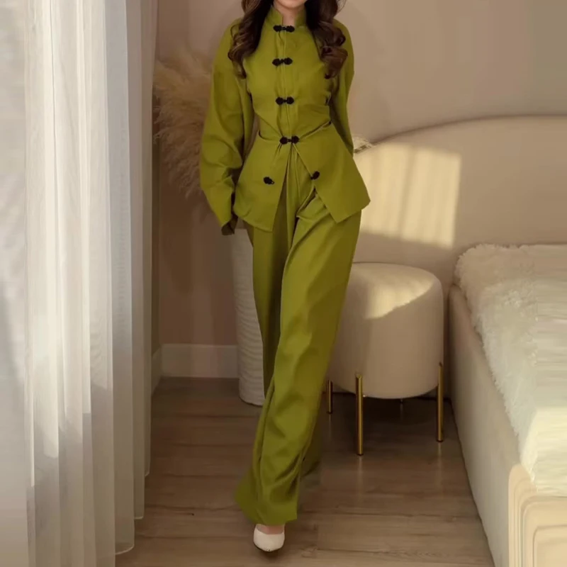 

Fashion Stand Collar Mandarin Shirts & Pant Set Women's Elegant Button Solid Long Pant Outfits Casual Long Sleeve Loose 2Pc Suit