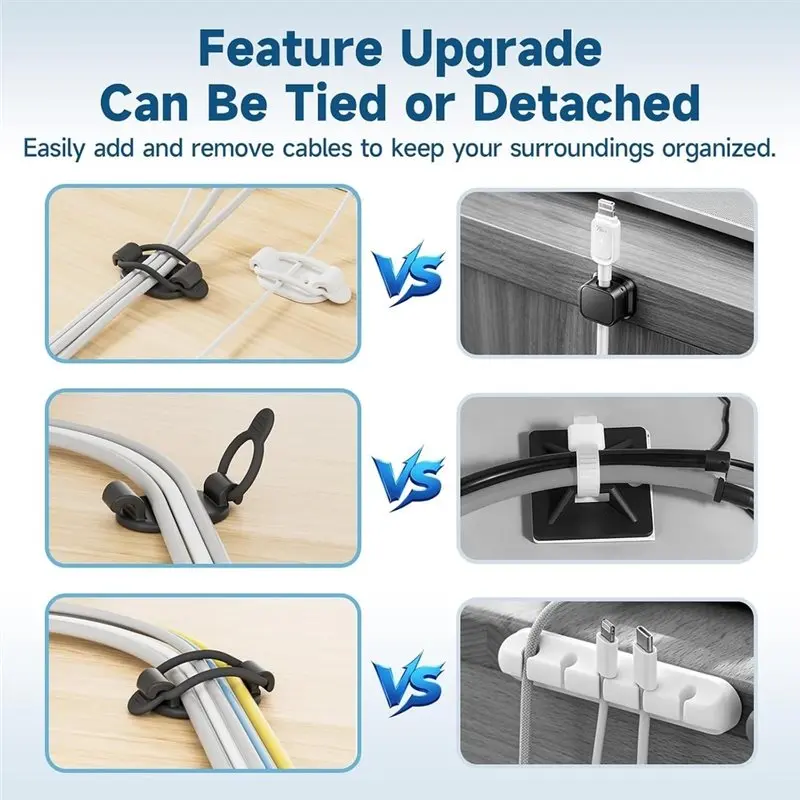 A01F-Self-Adhesive Cord Organizer With Elastic Loop, 10 Sets Of Adjustable Cable Management Clips-Reusable Cable Holders