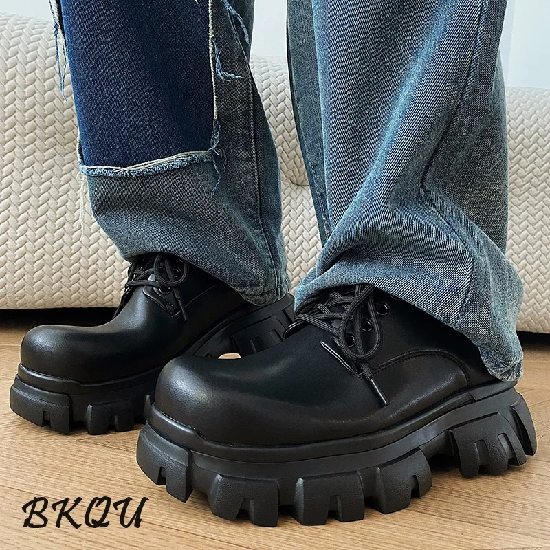 

BKQU Men 2024 New Thick-soled Increase British Trend Korean Version of Platform Shoes with Casual Men's Low-top Derby Shoes