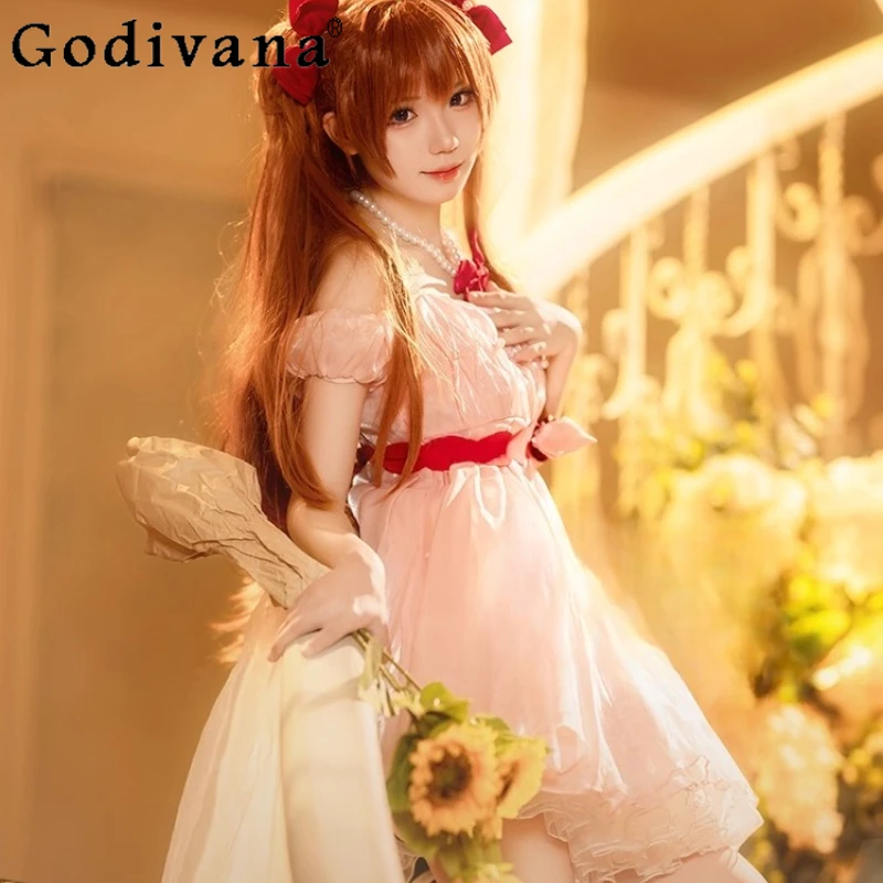 Conjunto de vestido cosplay sussurro de flor feminino asuka langley doce vestido rosa feminino role play uniforme roupa de halloween conjunto completo