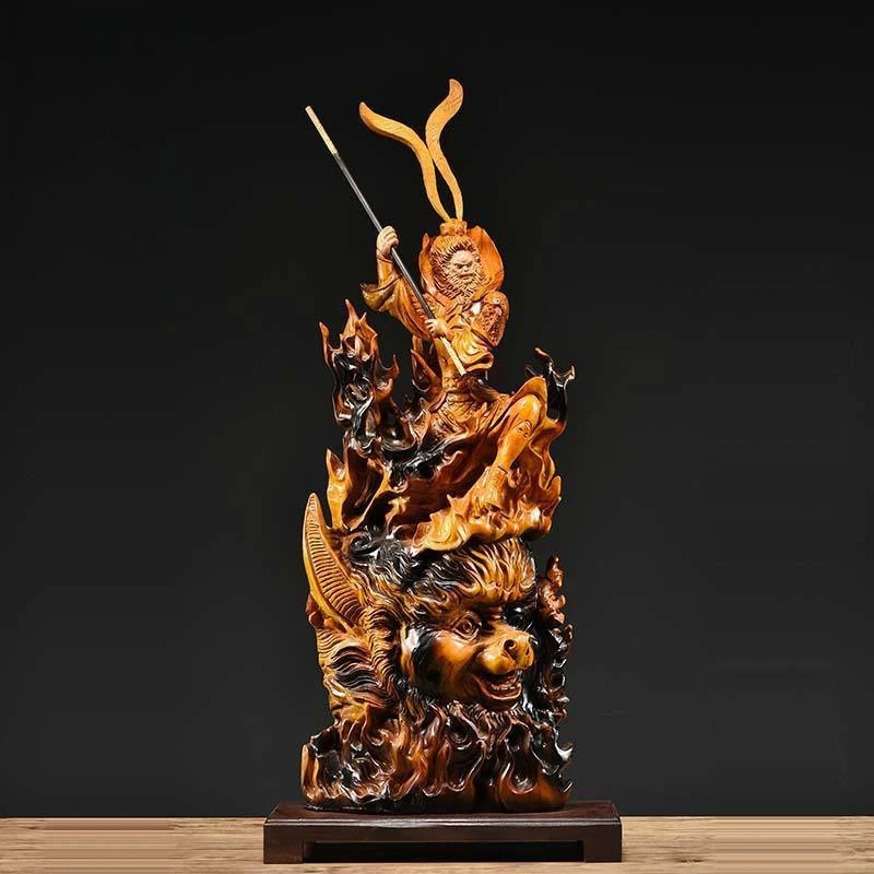 Camphor wood carving Qitian Great Saint Sun Wukong ornament root carving home living room entrance decoration