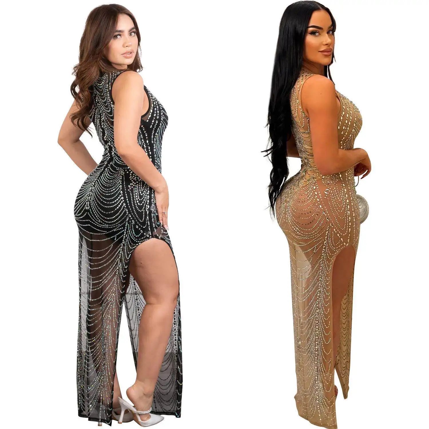 Fashionable Pure Color Mesh Long Sleeveless Dress with Hotfix Rhinestones for Women Elegant Autumn Season Chinese Origin view 5