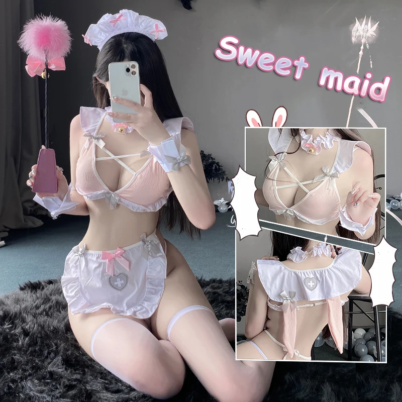 

Sexy Lingerie Women's Role Play Bow Hollow Out sexy Cosplay Costumes Maid Uniform French Hot Apron Wild Sweet Bra Briefs Set