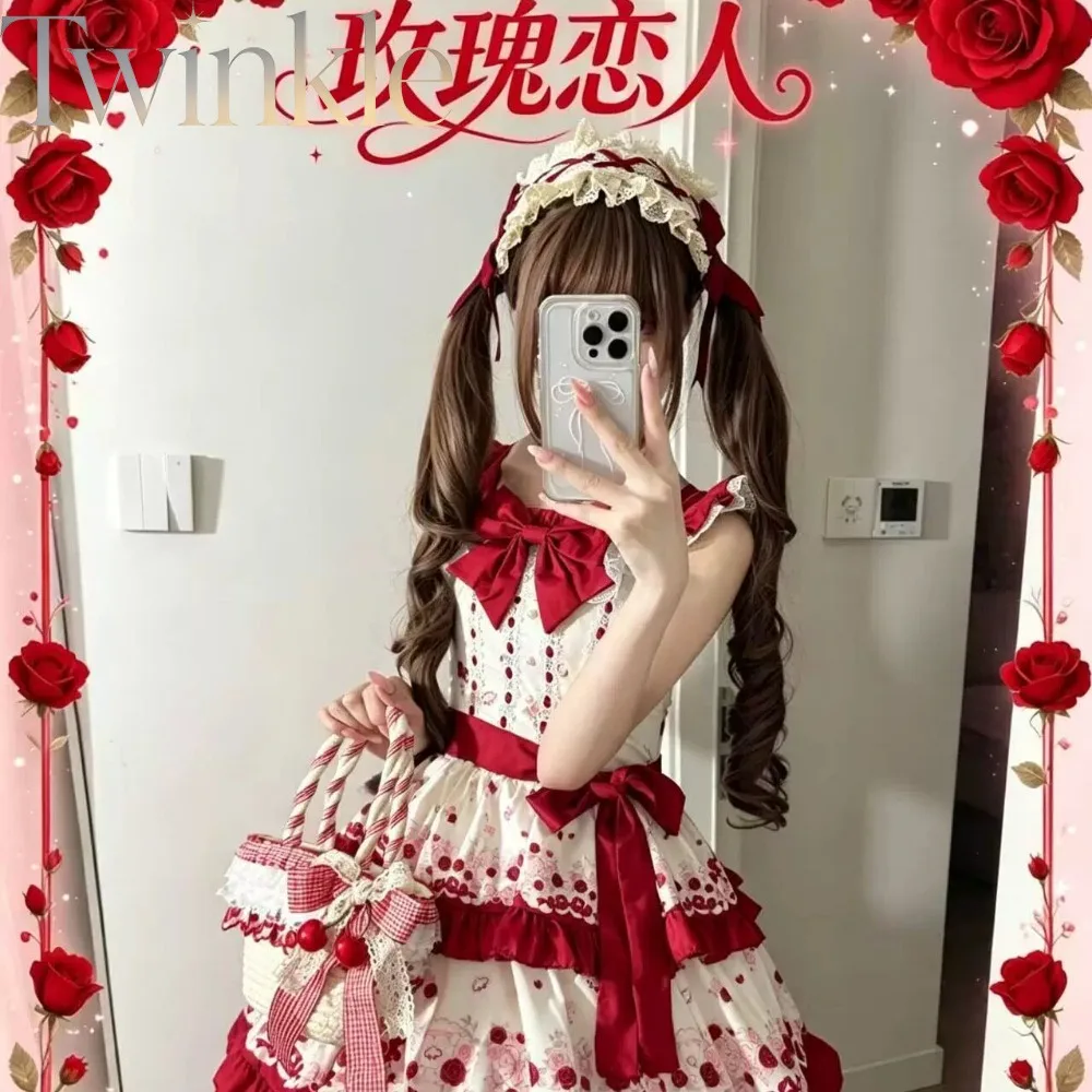 Lolita JSK Dress Elegant Classic Camisole Women Rose Print Princess Sweet Kawaii Lace Bow Vintage Party Jumper Skirt