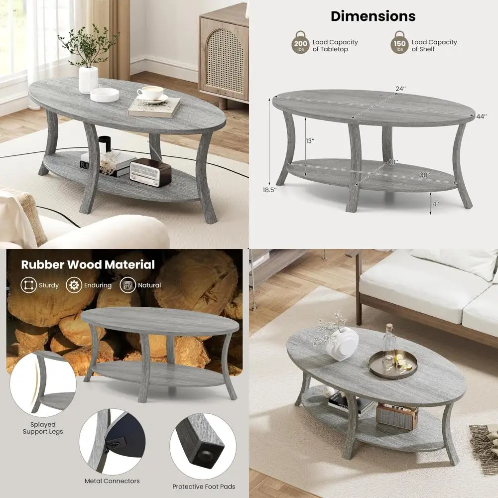 

44 Inch Oval Coffee Table with 2-Tier Storage Shelf and Rubber Wood Frame for Modern Farmhouse Living Room