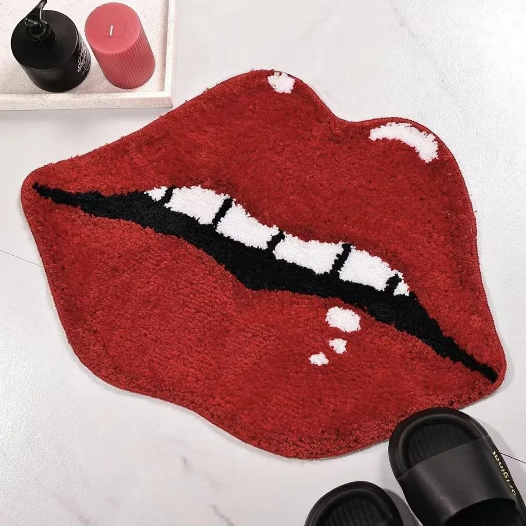 Red Lips Shaped Bath Mat Non Slip Washable Plush Floor Rug Creative Fashion Pattern Bathroom Bedroom Entryway Home Decor Mat