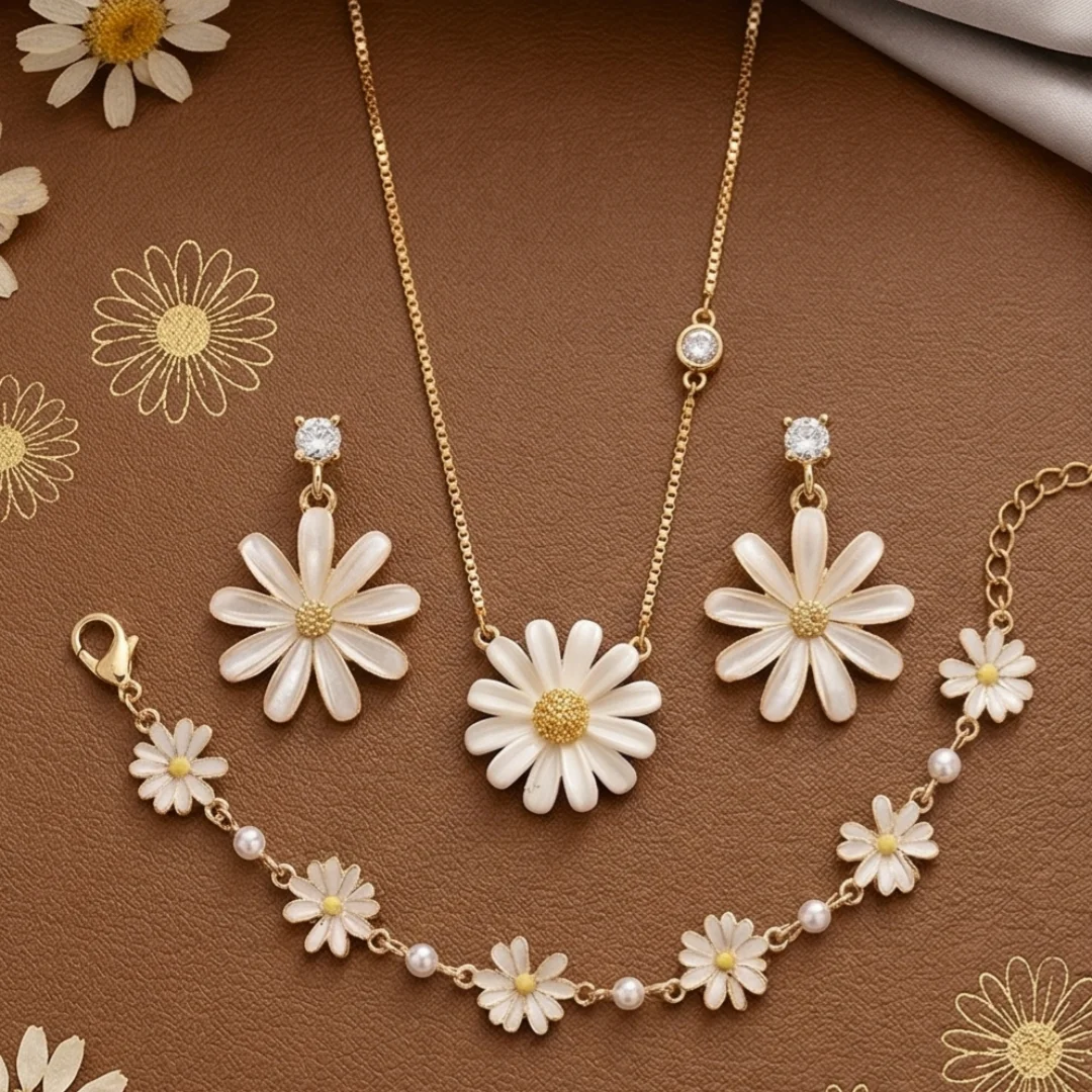 

MURMUR Cute Enamel Daisy Flower Jewelry Set Women Pearl Bracelet Crystal Necklace Drop Earrings Sweet Summer Party Gift