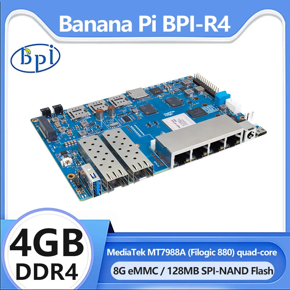 Banana pi Smart Router Board Octa-core Quad-core Braço Corex-a73 Emmc Flash Bpi-r4 Mediatek Mt7988a 8gb 4gb 8gb