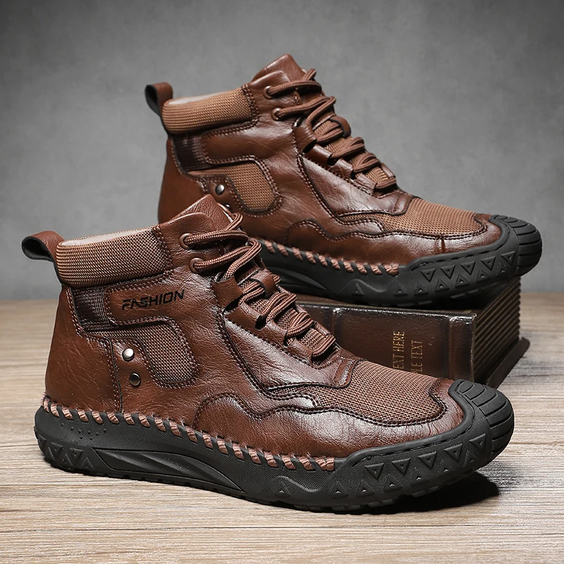 

High-end Genuine Leather Shoes for Men Sizes 48 Luxury Thick Boots Outdoor High Top Boots Waterproof Shoes Lace Up Mens Shoes