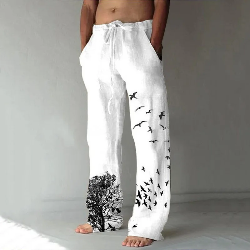 

Men's Printed Bird Dstring Casual Trousers Elastic Waist Cotton Straight Leg Long Pants Summer Faion Youth Sle