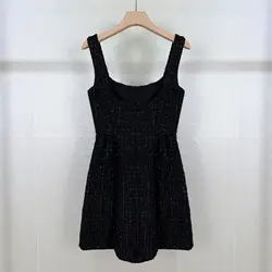 Autumn 2024 Women Black Tweed Tank Dress Sleeveless Square Collar High Waist A-Line Elegant Female Mini Robe