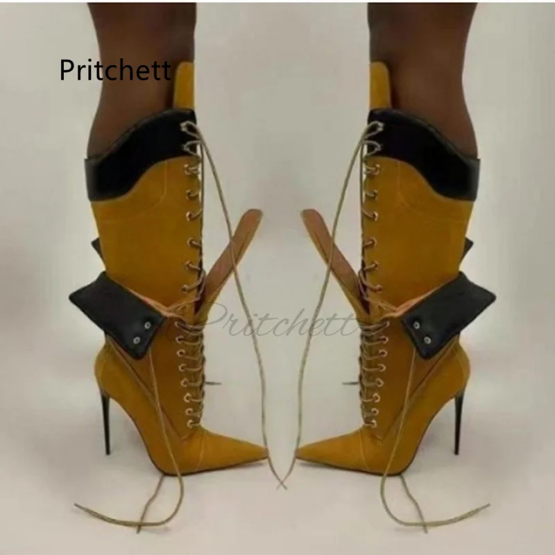 Yellow Suede Patchwork High Heels Boots for Women Pointed Toe Stiletto High Heel Sexy Knee High Women\'s Boots Winter Shoes