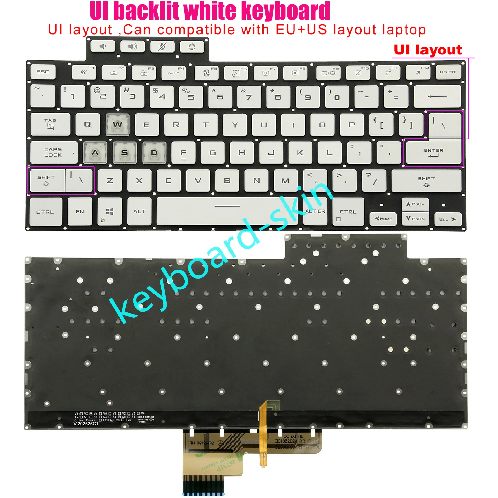 

New white US Backlit No-Palmrest Keyboard For ASUS TUF DASH F15 Series FX516 FX516P FX516PR FX516PM laptop