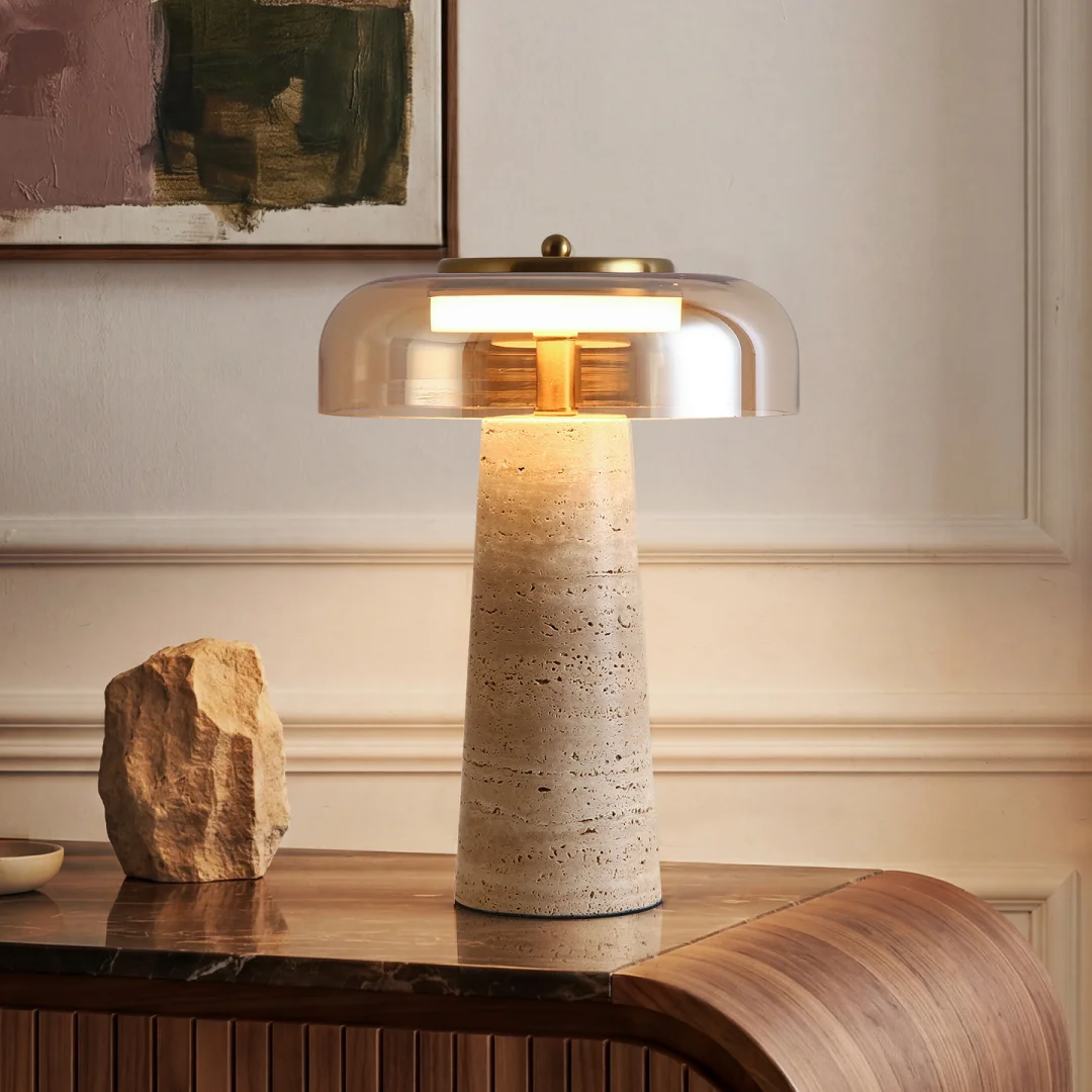 Mushroom Shaped Travertine Table Lamp Modern Natural Yellow Cave Stone Desk Lamp Indoor Decor Lighting Bedroom Living Room Study
