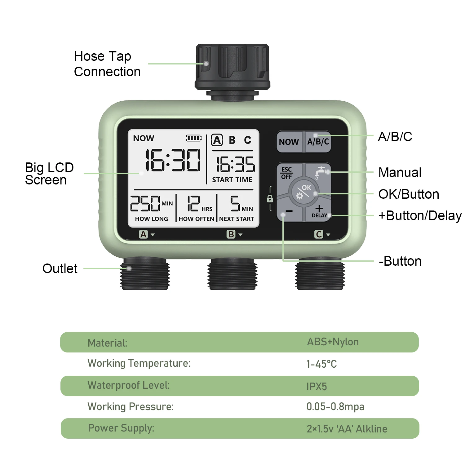 Eshico HCT-378 Newest 2024 3-Outlet Water Timer Independent Control Program Digital Garden Sprinkler