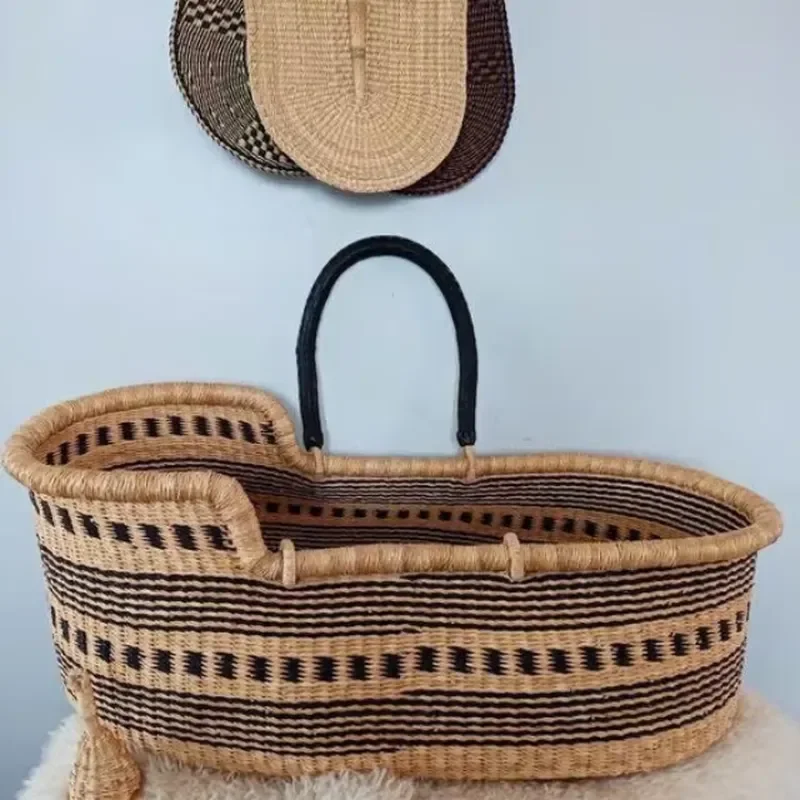 for Luxury Natural Baby Moses Basket with Mattress Woven from Seaweed Portable for Nurseries or Travel